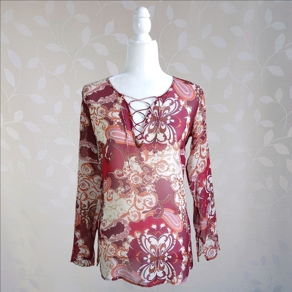 Vintage 90s Silk Retro Paisley Print Sheer Lace Up Tunic Top Red Orange XS - Picture 2 of 16